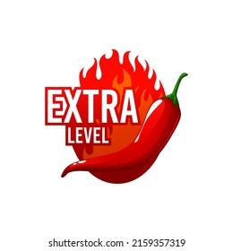 Red extraordinary spicy level of jalapeno, tabasco or ketchup flavour spice isolated cartoon sticker, asian or mexican cuisine food rate. Chili habanero heat scale maxi hot emblem, red burning fire