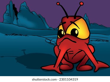 Red Extraterrestrial with Big Yellow Eyes - Colored Cartoon Illustration with Background, Vector