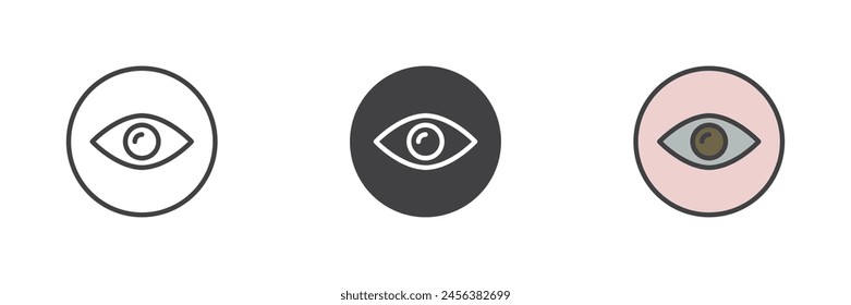 Red eye camera mode different style icon set. Line, glyph and filled outline colorful version, outline and filled vector sign. Eyeball vision symbol, logo illustration. Vector graphics