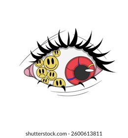 Red eye with emoticons inside, psychedelic sticker