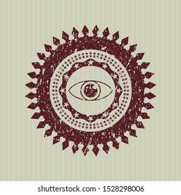 Red eye icon inside distress rubber stamp with grunge texture