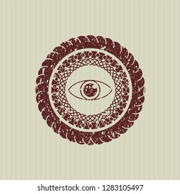 Red eye icon inside distressed rubber grunge texture seal