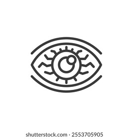 Red eye, icon in line design. Red, eye, irritation, inflammation, conjunctivitis, dryness, discomfort on white background vector. Red eye editable stroke icon