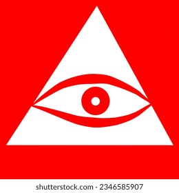Red eye inside white triangle shape isolated on red background. Vector design.