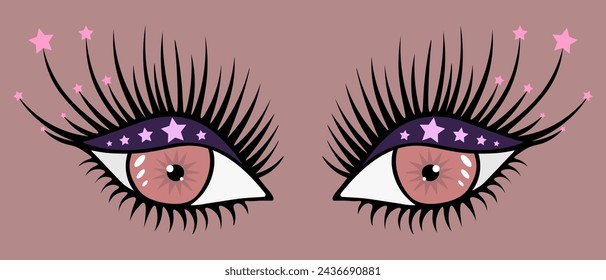 Red eye look. On half-closed eyelids, purple eyeshadow and sparkling glitter. Lush black eyelashes are covered with pink stars. White highlights on the iris and pupil. Color vector illustration. 