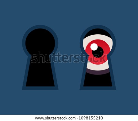 Red eye looking through keyhole. Scary stalker watching at door, horror concept vector illustration.