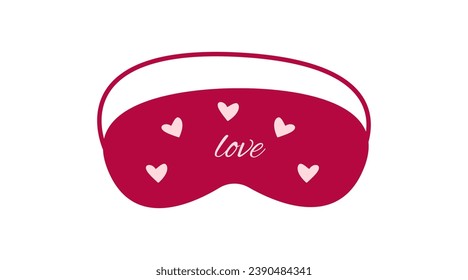 Red eye mask with hearts, with the inscription love. Sleep mask, accessory for night, relaxation, travel. Vector illustration isolated on white background.