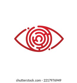 Red eye maze. Eye with labyrinth in iris. Corporate vision logo.