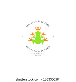 Red eyed tree frog. Logo template. Isolated frog with crown on white background