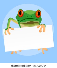 Red Eyed Tree Frog With A White Paper On Blue Vector Cartoon Background