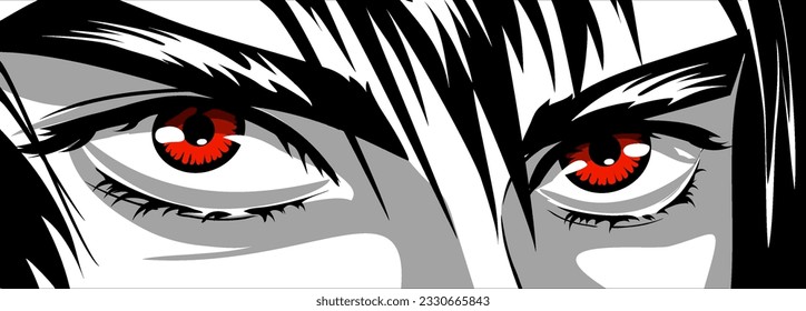 Red eyes, angry look of a man in manga and anime style. Black, red, white and gray colors. Vector image.