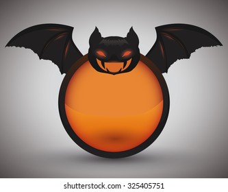 Red eyes bat icon with wide open wings in orange button isolated