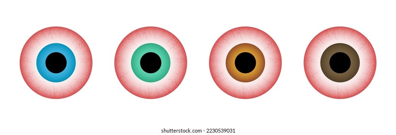 Red eyes different colors set. Ill stress, sleep insomnia disorder, capillaries and pupils.