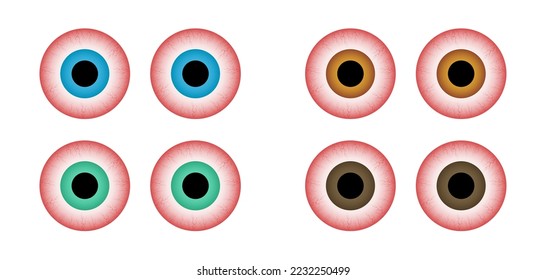 Red eyes different colors set. Ill stress, sleep insomnia disorder, capillaries and pupils.