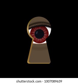 Red eyes in the keyhole. Monster peek vector illustration. Scary Halloween.