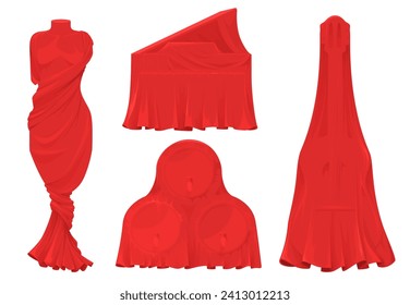 Red fabric cloth cover on different object offering for exhibition and presentation. Grand piano, guitar, female sculpture and wooden wine barrel hidden under drapery vector illustration