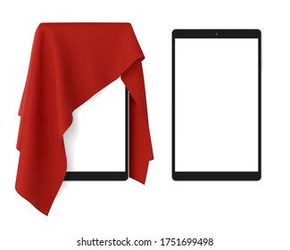 Red fabric covering a blank portable tablet pad gadget, and a tablet. Concept of new release, unveiling, presenting next generation tech, Vector illustration, isolated on white