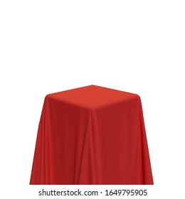 Red fabric covering a cube or rectangular shape, isolated on white background. Can be used as a stand for product display, draped table. Vector illustration