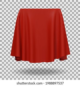 Red fabric covering a cube or rectangular shape with shadow. Can be used as a stand for product display, draped table. Vector illustration