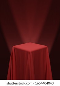 Red fabric covering a cube or a table, with red background and stage spotlights. Can be used as a stand for product display, draped table. Vector illustration