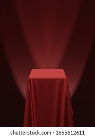 Red fabric covering a cube or a table, with red background and stage spotlights. Can be used as a stand for product display, draped table. Vector illustration