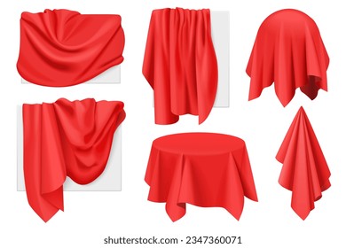 Red fabric covers on objects with drapery set vector illustration. 3D realistic isolated drape in cloth on secret sphere and round table, paintings or advertising frame hidden with satin blanket
