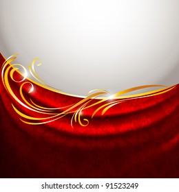 Red fabric drapes on gray background, gold vignette, eps10