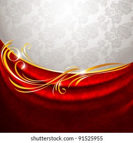 Red fabric drapes on gray background, vector 10eps