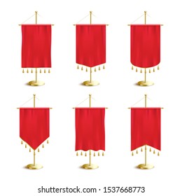 Red fabric various shapes blank pennants or soccer flags with tassel fringe on golden spire pedestal set of realistic vector illustration isolated on white background.