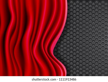 Red fabric wave overlap on dark gray hexagon mesh design modern futuristic background texture vector illustration.