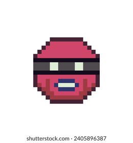 La cara roja con los ojos vendados, el icono del arte píxel emoticono, la emoción del lenguaje, el personaje de caricatura ciego. Estilo plano de 8 bits. Ilustración vectorial abstracta aislada.