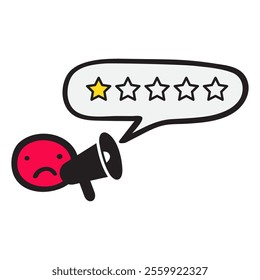 Red face with a megaphone yelling about the low rating. Poor service. Vector outline illustration on white background.