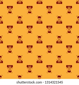 Red Face recognition icon isolated seamless pattern on brown background. Face identification scanner icon. Facial id. Cyber security concept. Vector Illustration