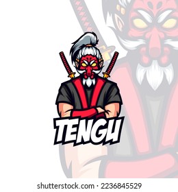 Red Face Tengu Masked Samurai Bushido Vector Mascot