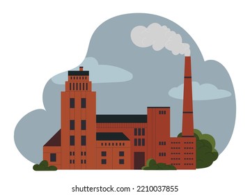 Red factory concept. Industrial production and emission of harmful substances. Getting electricity from energy resources, gas or oil. Poster or banner for website. Cartoon flat vector illustration