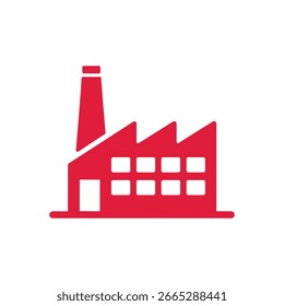 Ícone vermelho de fábrica com uma chaminé alta contra um fundo branco limpo, ideal para ilustrar conceitos relacionados com a produção industrial e processos de fabricação.