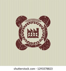 Red factory icon inside distressed rubber grunge texture seal