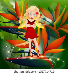 Red fairy flying in flower garden illustration