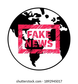 Red fake news sign and black earth, vector illustration