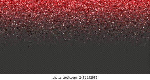 Red falling glitter, shiny confetti with glowing sparkles, shimmer spray effect, festive holiday particles isolated on a dark background. Vector illustration.