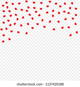 Red falling heart petals isolated on transparent background, pattern. Valentine's day, confetti hearts. Vector illustration.