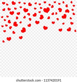 Red falling heart petals isolated on transparent background, pattern. Valentine's day, confetti hearts. Vector illustration.