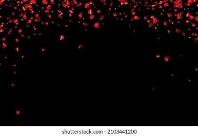 Los corazones rojos cayendo confiesan sobre el fondo negro con espacio para el texto. Boda, cumpleaños, Día de San Valentín. Ilustración vectorial de vacaciones.