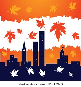 red falling maple leaves on city building silhouettes