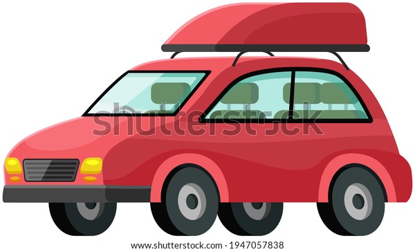 Red family car for driving\
into woods. Transport for traveling around world. Travel by car\
concept