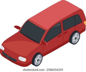 Red family car parked on a clean white background, presented in an isometric view, perfect for projects related to transportation, travel, and automotive themes