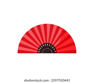 A red fan with black details and a pattern on a white background.