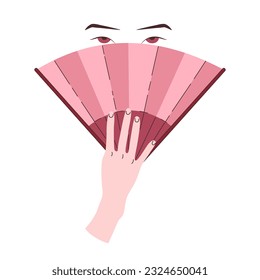 Red fan, eyes behind the fan, direct gaze, mysterious illustration, flirting, modern flat style