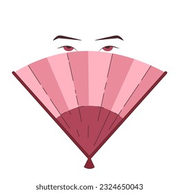 Red fan, eyes behind the fan, direct gaze, mysterious illustration, flirting, modern flat style