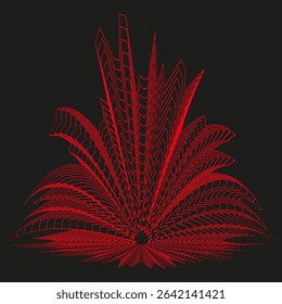 Red fan icon. Vibrant floral symbol. Curved petal design. Vector shape.